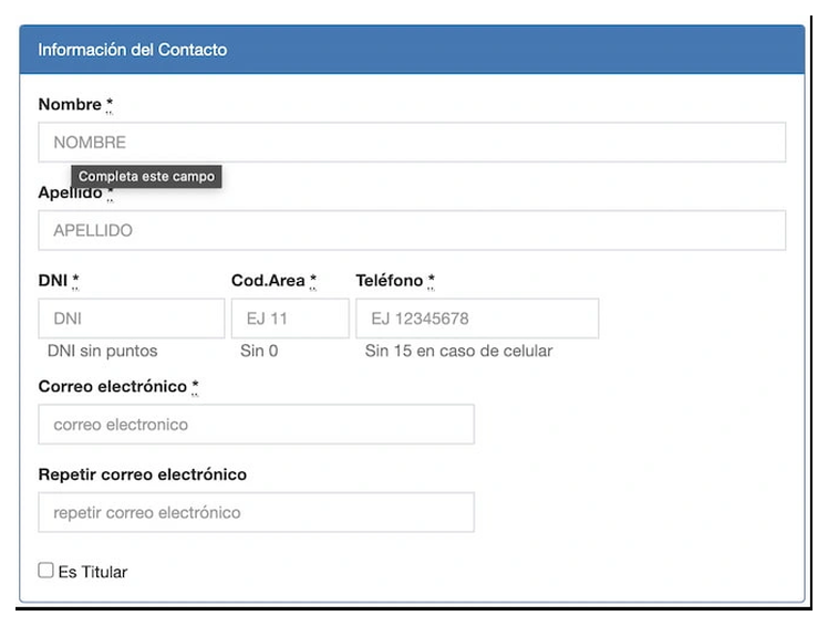 Paso 2 para sacar turno de la VTV en Necochea: información del contacto